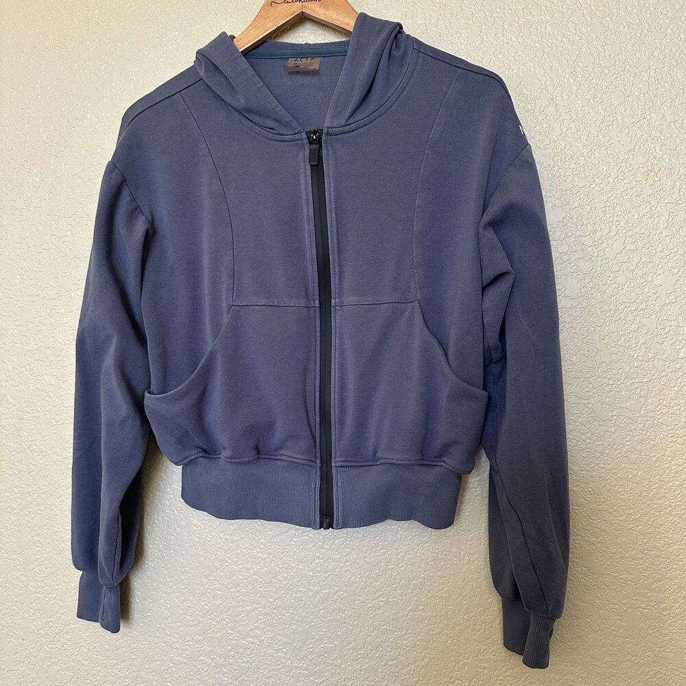 ACTA‎ Everyday Zip Up Slate Blue Hooded Womens Size Large Short Long sleeve